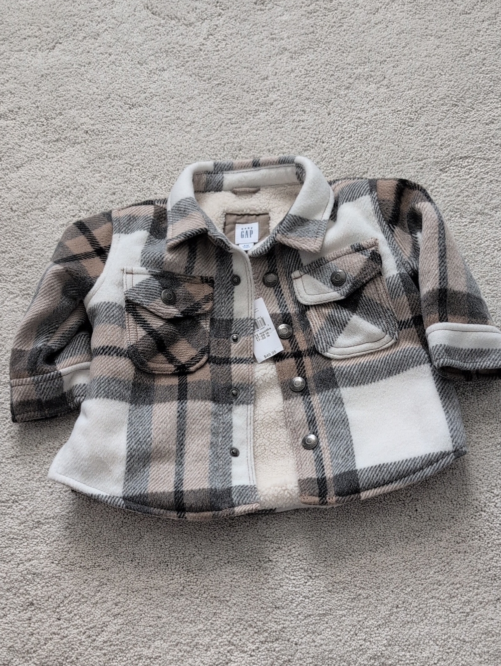 NWT GAP Baby Plaid Sherpa-Lined Button-Down Jacket in Beige, Gray, Cream 6-12m
